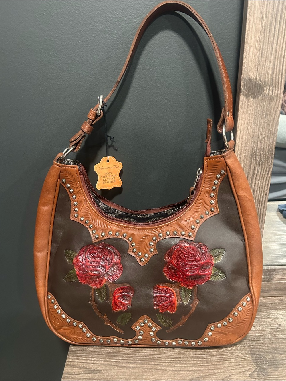 American West Leather Rose Embroidered Shoulder Bag in Brown and Tan